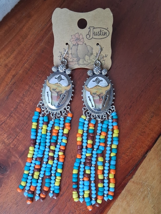 Justin Boots Jewelry - Justin Boots Turquoise, Orange, Yellow & Brown Beaded Long Fringe Earrings
